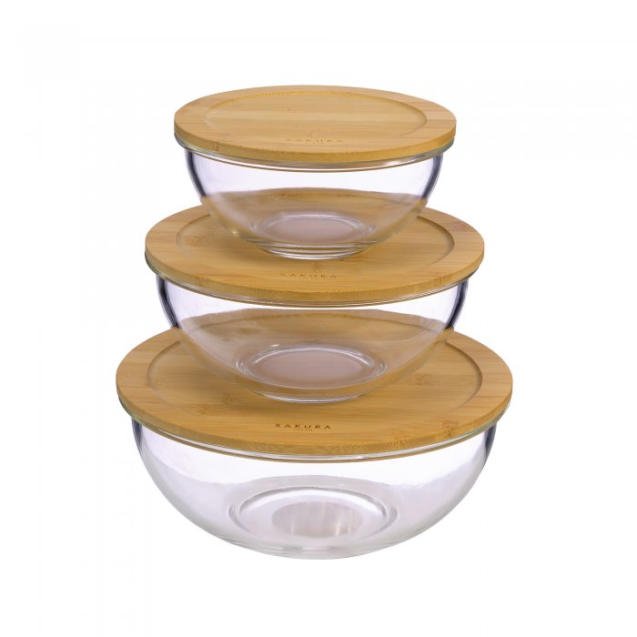 Bowls de Vidrio c/Tapa Bamboo x (3und) - Sakura