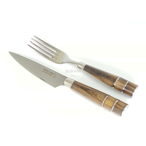 [CM211 TUBULAR] Set Asado Tenedor y Cuchillo13,5cm Madera Anillado con estuche Cuero Tubular